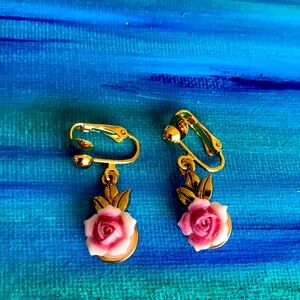 Vintage Porcelain pink Roses in gold base. Clip ons.